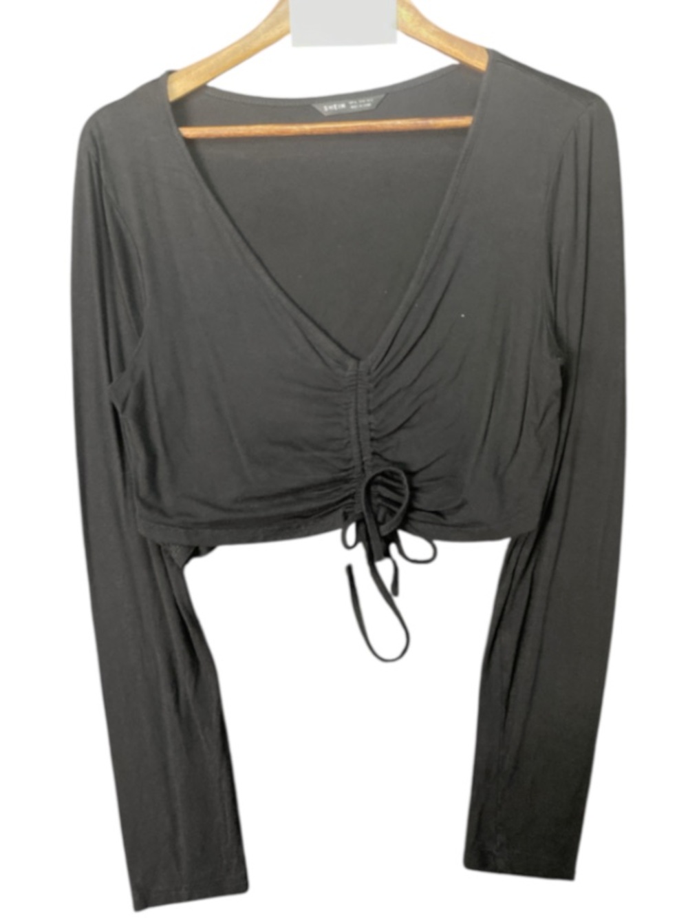 SHEIN Black Ruched Drawstring V-Neck Long Sleeve Crop Top size XL